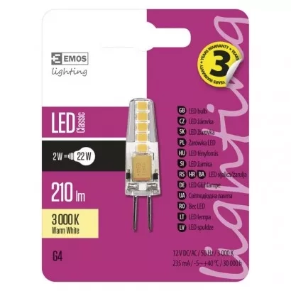 EMOS LED žárovka Classic JC / G4 / 1,9 W (21 W) / 200 lm / teplá bílá