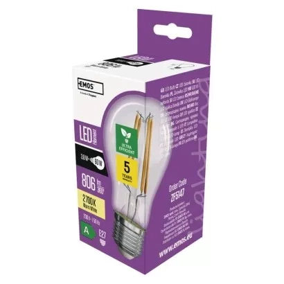 EMOS LED žárovka Filament A60 A CLASS / E27 / 3,8 W (60 W) / 806 lm / teplá bílá