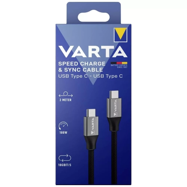 Nabíjecí a datový kabel Varta USB-C / USB-C, 2 m, černý nylon 57936