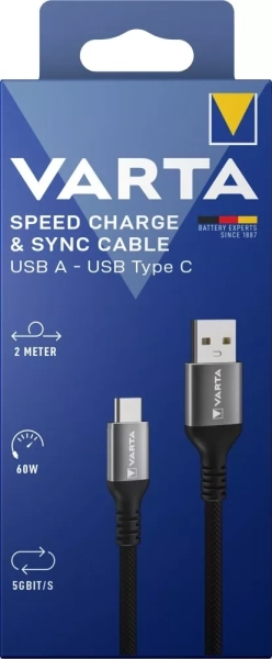 Nabíjecí a datový kabel Varta USB-A / USB-C, 2 m, černý nylon 57935