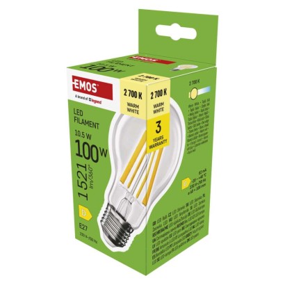 EMOS LED žárovka Filament A60 / E27 / 10,5 W (100 W) / 1521 lm / teplá bílá