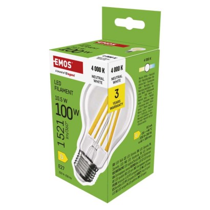 EMOS LED žárovka Filament A60 / E27 / 10,5 W (100 W) / 1521 lm / neutrální bílá