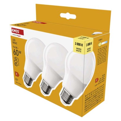 EMOS LED žárovka Basic A60 / E27 / 9,4 W (60 W) / 806 lm / teplá bílá