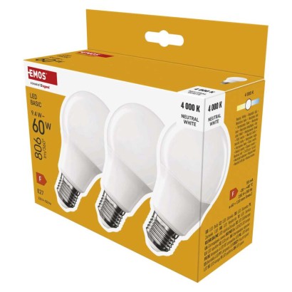 EMOS LED žárovka Basic A60 / E27 / 9,4 W (60 W) / 806 lm / neutrální bílá